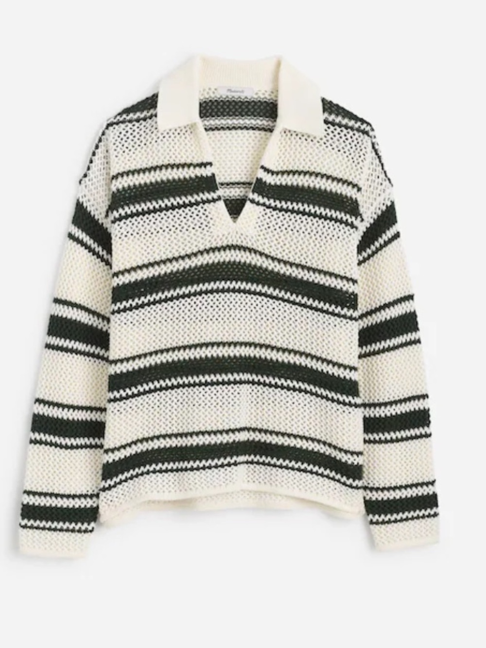 Madewell Cream and Dark Green Open-Knit V-Neck Collared Sweater
